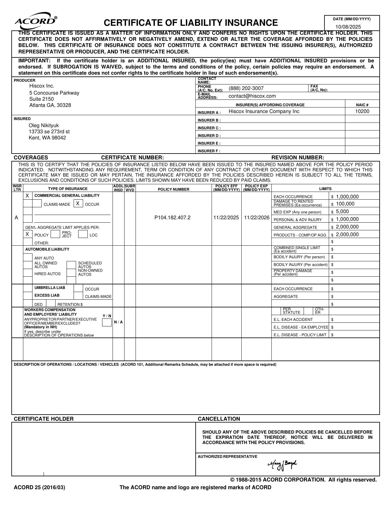 Certificate of Insurance — Big Build Construction