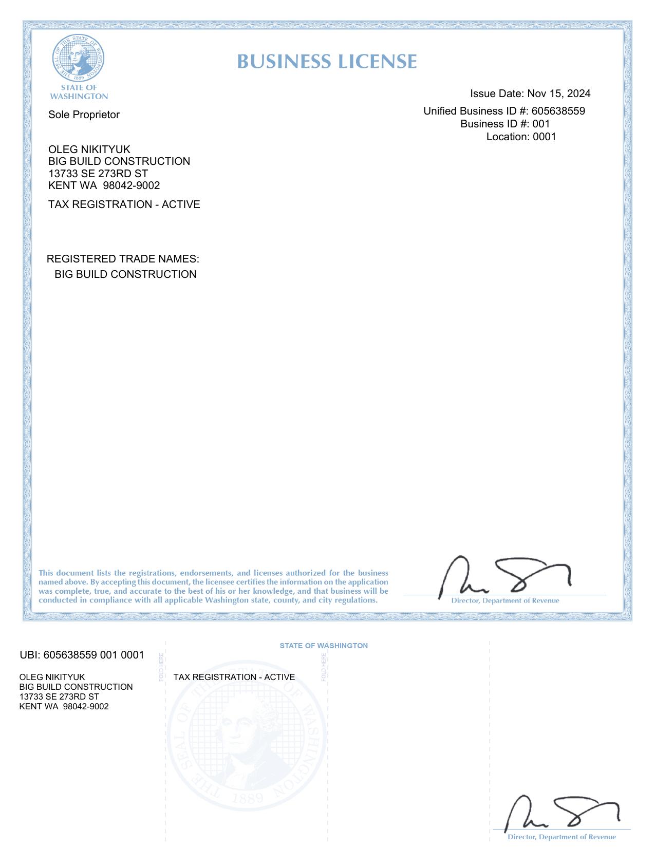 Washington State Business License — Big Build Construction
