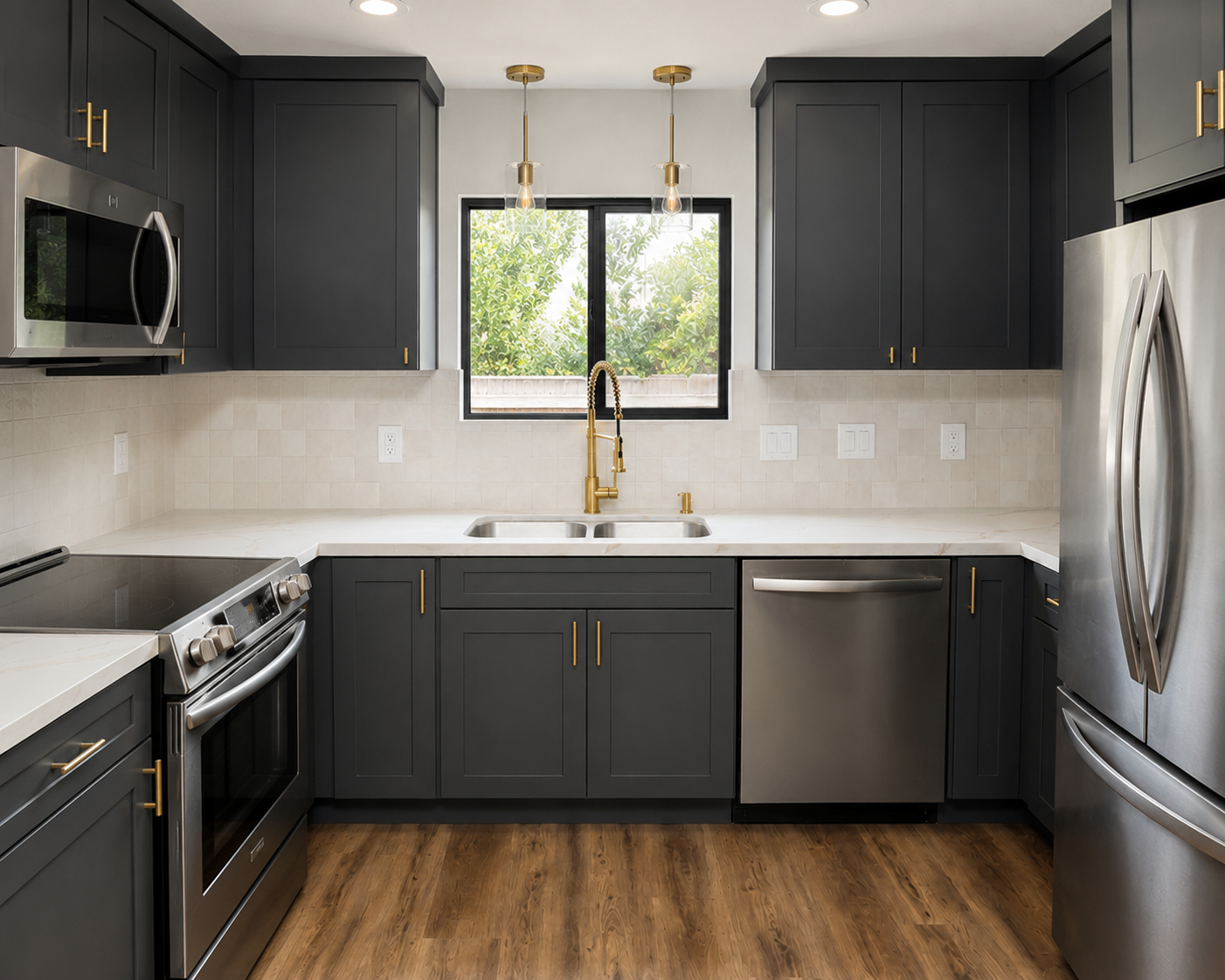 Custom kitchen remodel with island and quartz counters